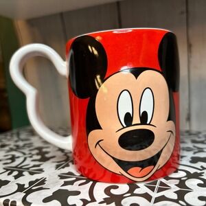 Vintage Disney Mickey Mouse Monogram 3D Mickey Ear Handle Coffee Cup Mug Red